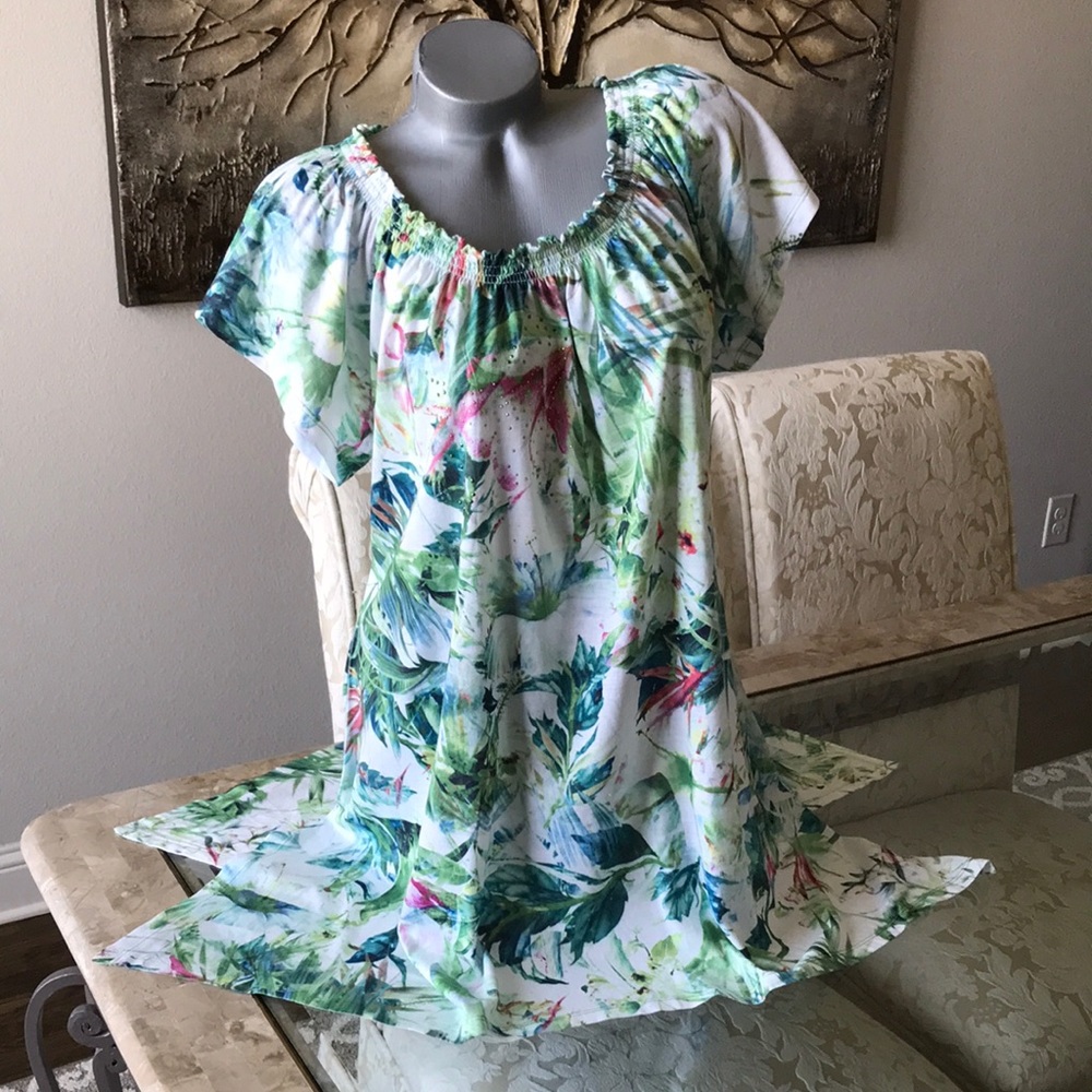 ONE WORLD White Tropical Print Peasant Tunic